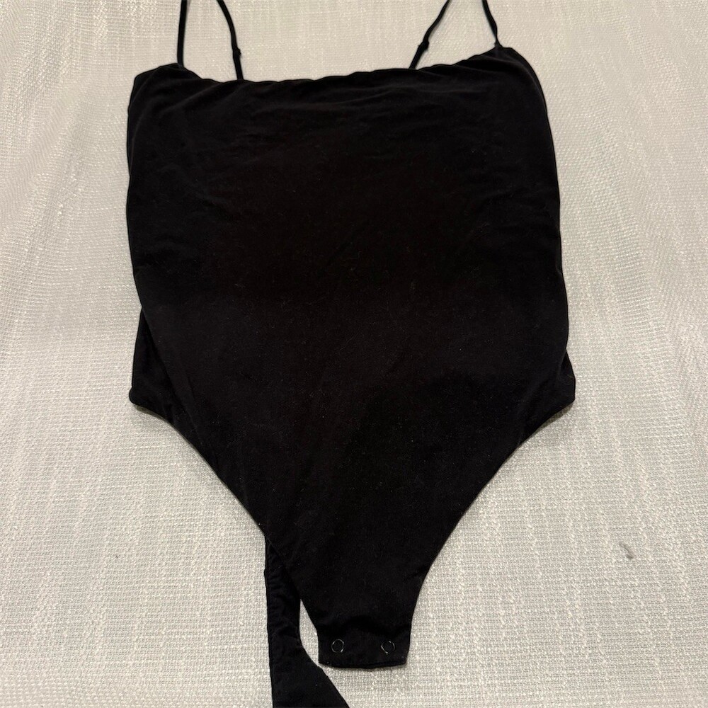 SKIMS Bodysuit Womens XL Black Cami Spaghetti Strap Square Neck Snap